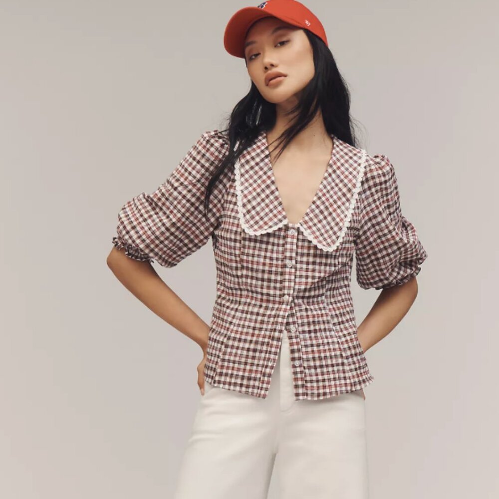 Maeve Gingham Peter Pan Collar Puff Sleeve Blouse sz S NWT